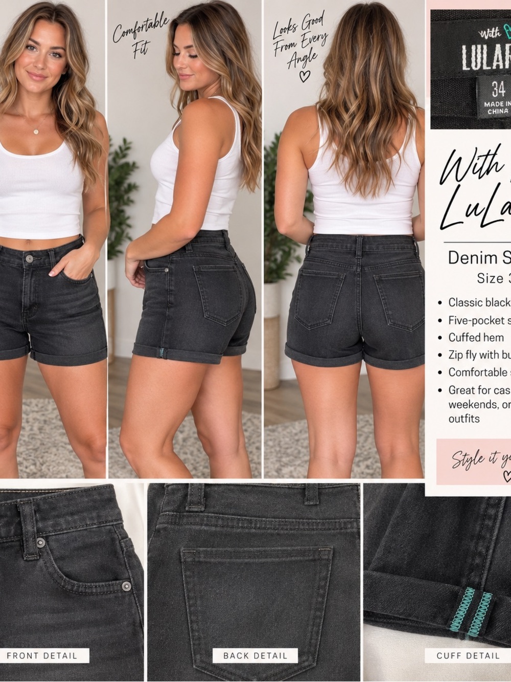 With Love LuLaRoe Size 34 Black Denim Cuffed Stretch Shorts
